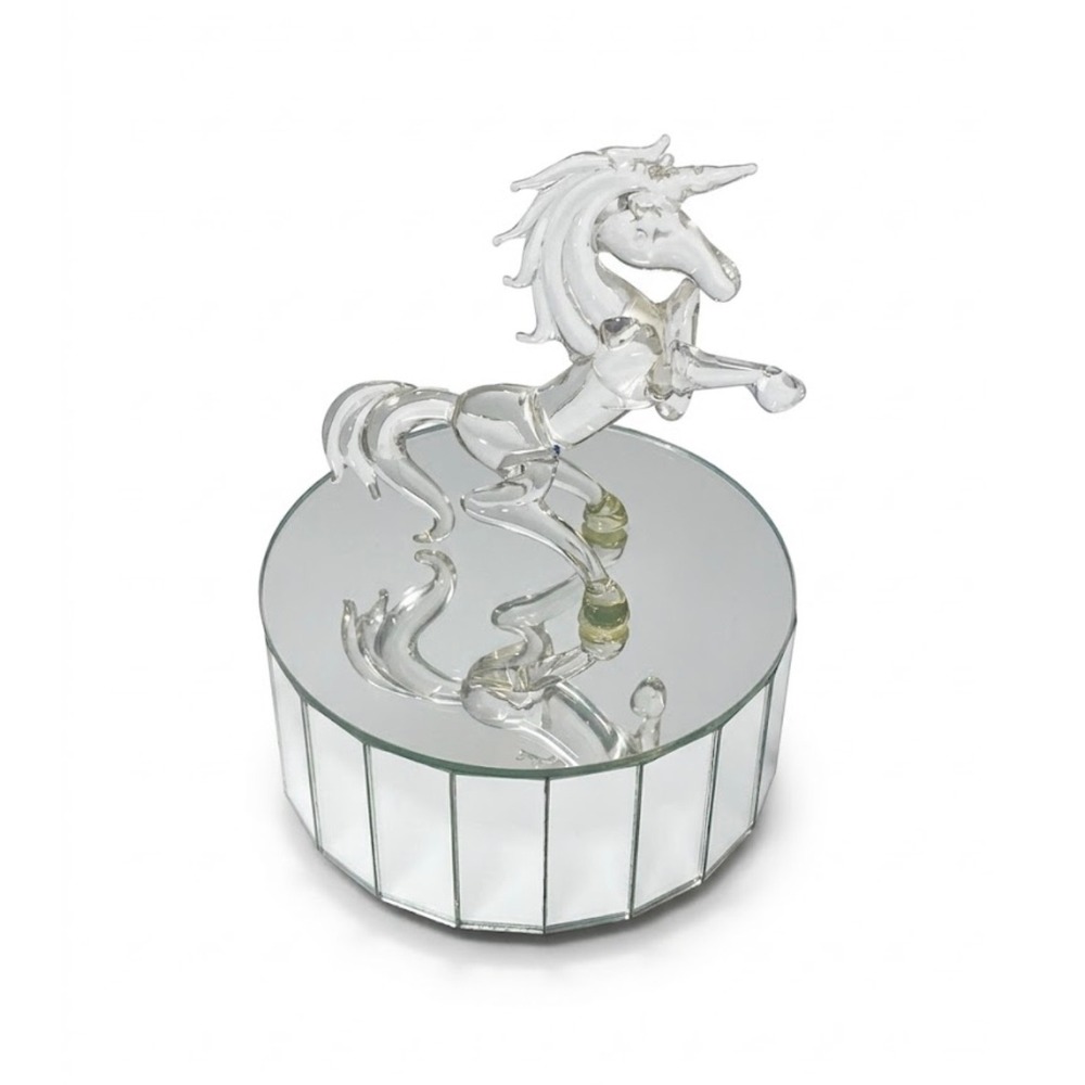 VTG Glass Unicorn Music Box Mirrored Rotating Carousel Base Made in Taiwan WORKS